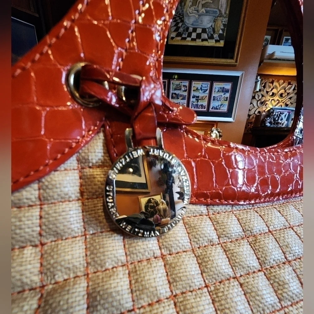 STUART WEITZMAN quilted tote with orange patent leather accents & gold hardware
